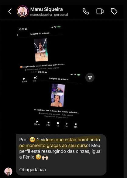 Depoimento — Manu Siqueira, personal trainer, 2 vídeos bombando